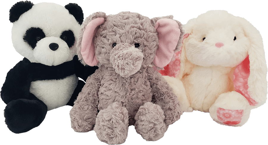 panda bear stuffed animal, elephant stuffed animal, white bunny rabbit stuffed animal